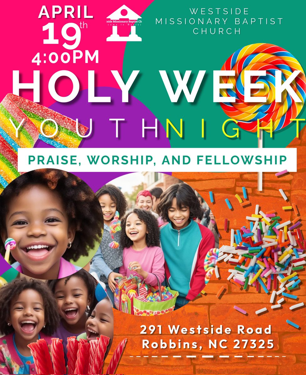 Get ready, Robbins! Holy Week Youth Night is going down at Westside Missionary Baptist Church this Saturday, April 19th at 4PM!

📍: 291 Westside Road, Robbins, NC 27325
Sponsored by: Robbins Community Churches

#HolyWeekYouthNight #UNITY #MovingBetterTOGETHER #YouthOnFire