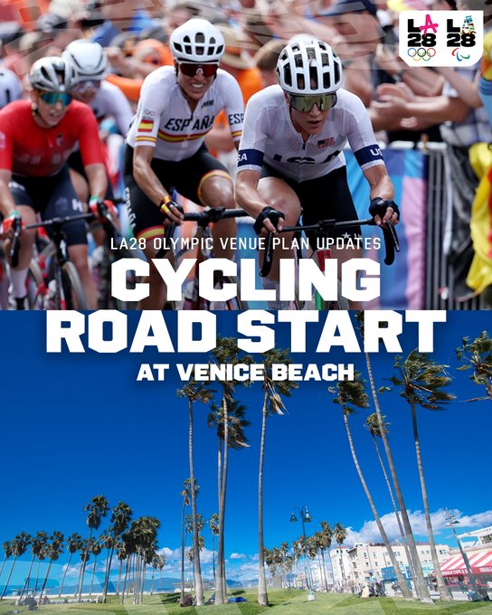 A collage of two photos. The top photo features a women’s Cycling Road race and the bottom photo features a photo of Venice Beach, California. Across the center of the two photos are the words “Cycling Road Start at Venice Beach” in bold white font. Additionally, the words “LA28 OLYMPIC VENUE PLAN UPDATE” are written in a small thin font above it.