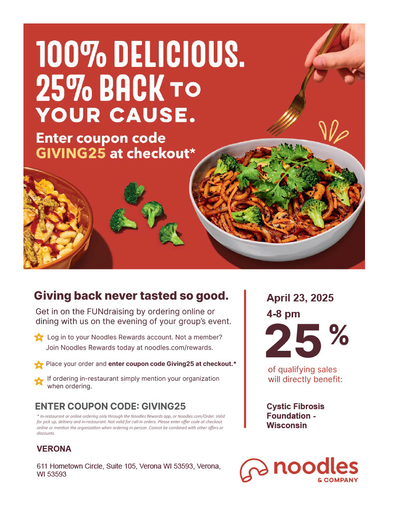 MadisonCollSOHS's tweet image. Noodles and Company in Verona is hosting a fundraiser for our Great Strides Team “Madison College RT Program”. Great Strides supports the Cystic Fibrosis Foundation.

Just mention the code “GIVING 25” if ordering online or in the store on April 23rd from 4pm-8pm.