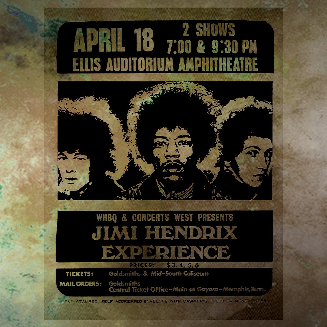 JimiHendrix's tweet photo. On April 18, 1969 The Jimi Hendrix Experience headlined the Ellis Auditorium Amphitheatre in Memphis, TN. Jimi invited Billy Cox to the show where the duo talked backstage with the conversation ending with Jimi inviting Billy to New York to begin working in the studio. #JimiHendrix #Memphis #BillyCox