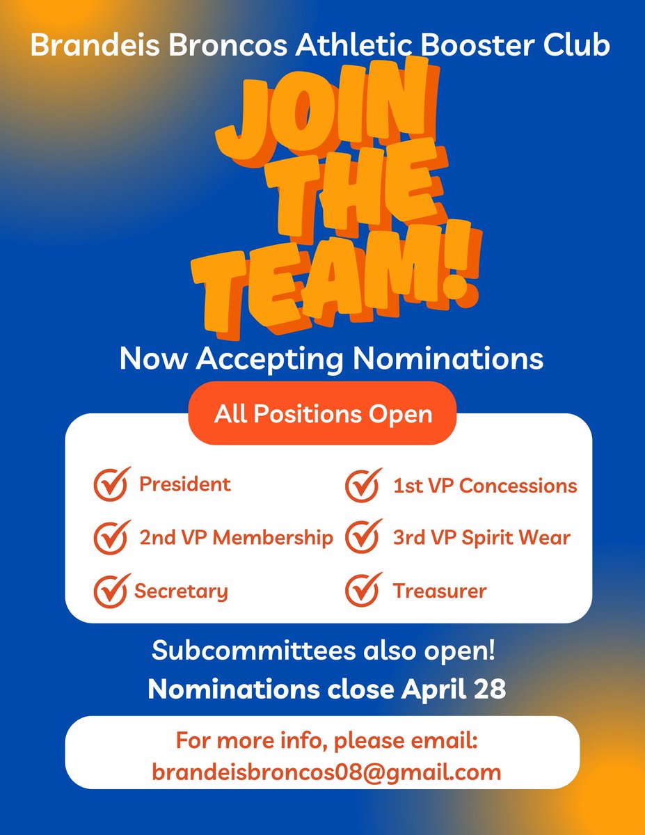Brandeis Broncos Athletic Booster Club (@broncosbrandeis) on Twitter photo Accepting nominations for our 25-26 school year at our next meeting on April 28th. Join us if you are interested in running for an office or becoming a chair of a committee. If you have any questions, please reach out to our Nominating Chair Jennifer Wilson @njaa.wilson@gmail.com Accepting nominations for our 25-26 school year at our next meeting on April 28th. Join us if you are interested in running for an office or becoming a chair of a committee. If you have any questions, please reach out to our Nominating Chair Jennifer Wilson @njaa.wilson@gmail.com