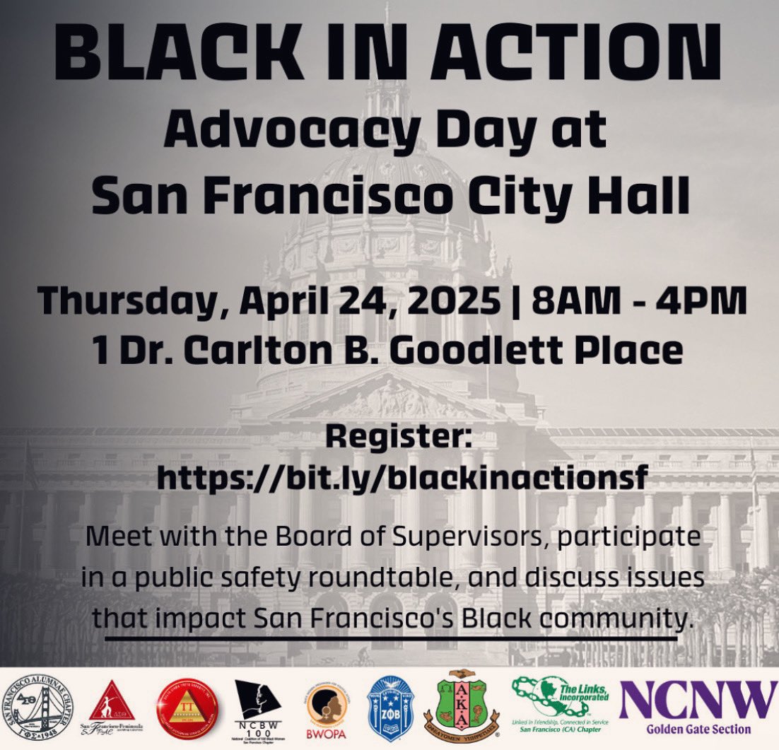 sf_alphas's tweet image. Join the Brothers of GCL and other D9 organizations at San Francisco City Hall &quot;Black In Action&quot; covering issues impacting the San Francisco Black Community. Please register for this important event. Link below! 🤙🏾❄️🤙🏾

form.jotform.com/241027698648165