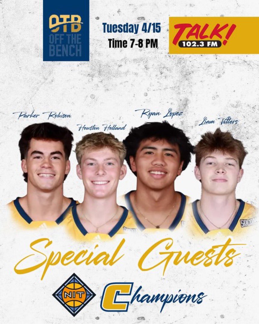 Off The Bench (Chattanooga) (@otb423) on Twitter photo ✅ Chatt’s team (<a href="/GoMocsMBB/">Chattanooga Basketball</a>)
✅ a few local ballers on Chatt’s team
✅ Solid night on <a href="/TalkRadio1023/">Talk 102.3 WGOW</a> (also on wgow.com & the Talk Radio app)
We’re pumped to welcome <a href="/Ryanlopez04/">Ryan Lopez</a>, <a href="/houstonholland8/">Houston Holland</a>, <a href="/ParkerRobison10/">Parker Robison</a>, & <a href="/liam_vitters11/">Liam Vitters</a> in studio tonight from 7-8pm! ✅ Chatt’s team (<a href="/GoMocsMBB/">Chattanooga Basketball</a>)
✅ a few local ballers on Chatt’s team
✅ Solid night on <a href="/TalkRadio1023/">Talk 102.3 WGOW</a> (also on wgow.com & the Talk Radio app)
We’re pumped to welcome <a href="/Ryanlopez04/">Ryan Lopez</a>, <a href="/houstonholland8/">Houston Holland</a>, <a href="/ParkerRobison10/">Parker Robison</a>, & <a href="/liam_vitters11/">Liam Vitters</a> in studio tonight from 7-8pm!