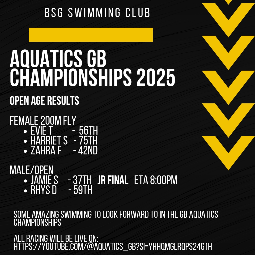 Fantastic effort from BSG swimmers at GB Champs
* Evie T
* Harriet S
* Zahra F
* James S
* Rhys D