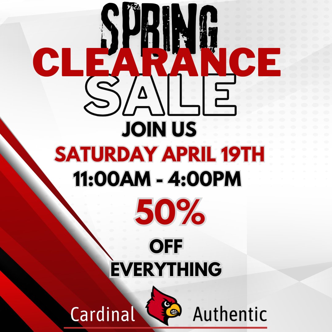 🆂🅿🆁🅸🅽🅶 🅲🅻🅴🅰🆁🅰🅽🅲🅴 🆂🅰🅻🅴
Join us Saturday April 19th
11am -4pm
for the kick off of our Spring Clearance Sale.
All items including NIL gear and custom gear will be 𝟱𝟬% off!
Now is the time to stock up on your UofL favorites.