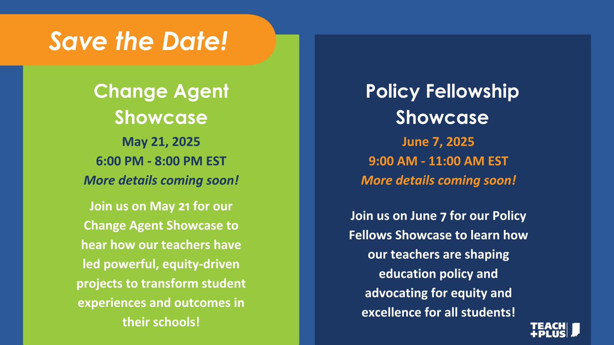 We kindly invite you to our upcoming teacher leadership showcases! We look forward to sharing insights from our Change Agents and Policy Fellows regarding the meaningful work they are doing to enhance positive outcomes for students in Indiana!