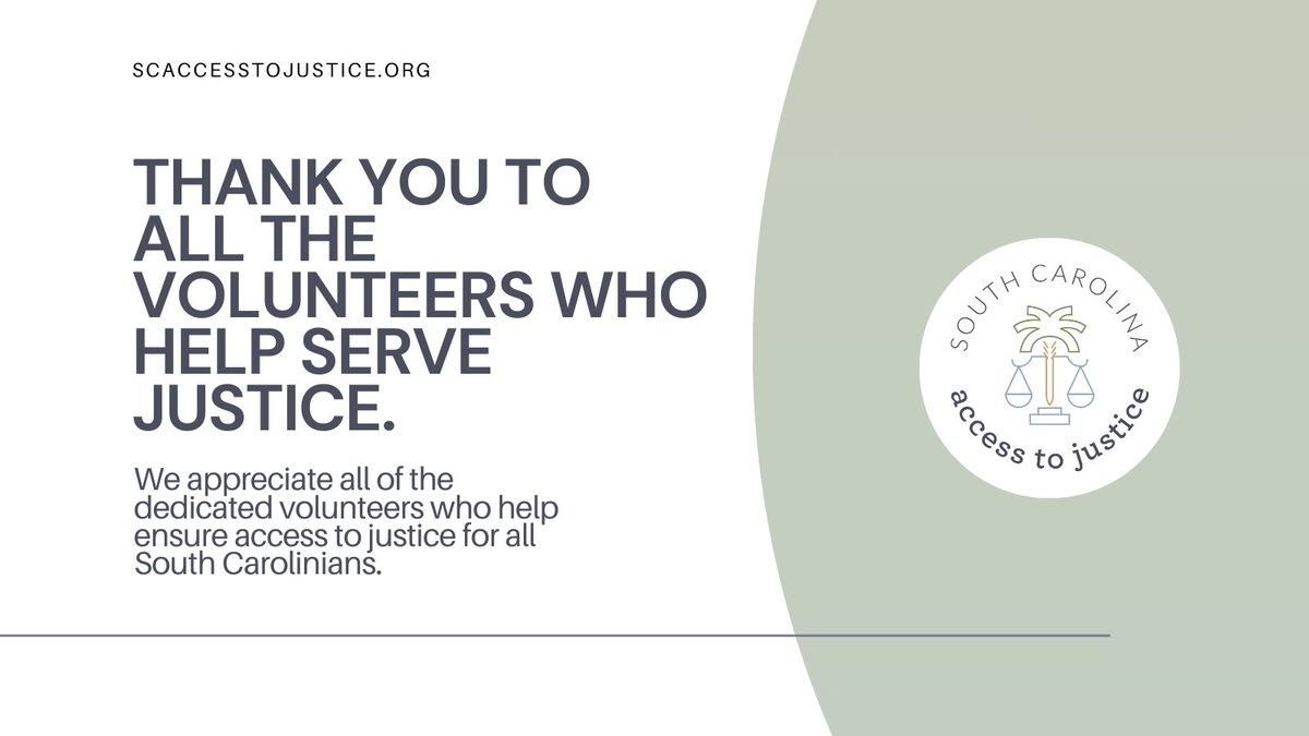 SCATJ's tweet image. We are grateful for the volunteers in SC who are closing the justice gap through advocacy &amp;amp; pro bono work, making justice accessible for all. #Volunteer #JusticeGap #SCJustice