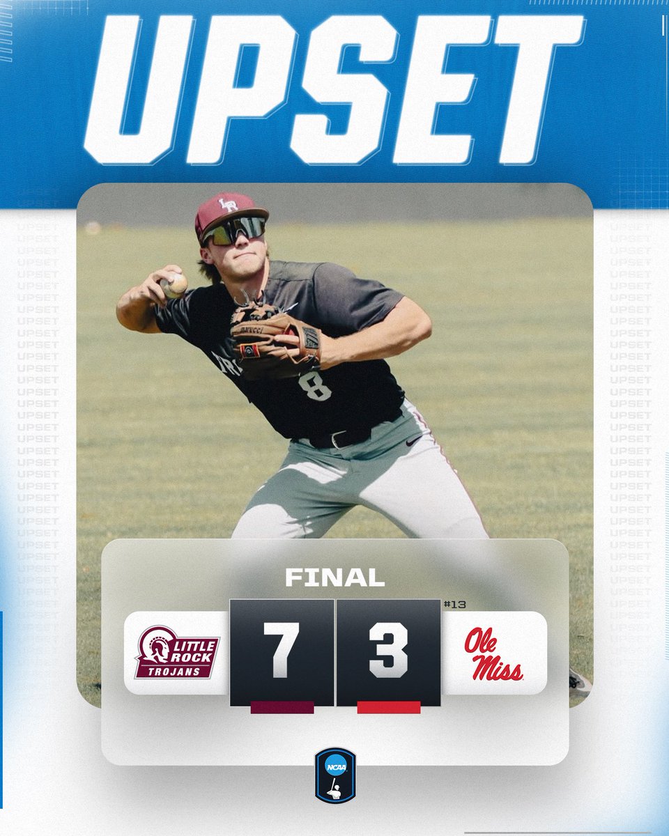 NCAA Baseball (@ncaabaseball) on Twitter photo TROJANS COME OUT ON TOP ⚔️
<a href="/LittleRockBSB/">Little Rock Trojan Baseball</a> upsets No. 13 Ole Miss!
#NCAABaseball TROJANS COME OUT ON TOP ⚔️
<a href="/LittleRockBSB/">Little Rock Trojan Baseball</a> upsets No. 13 Ole Miss!
#NCAABaseball