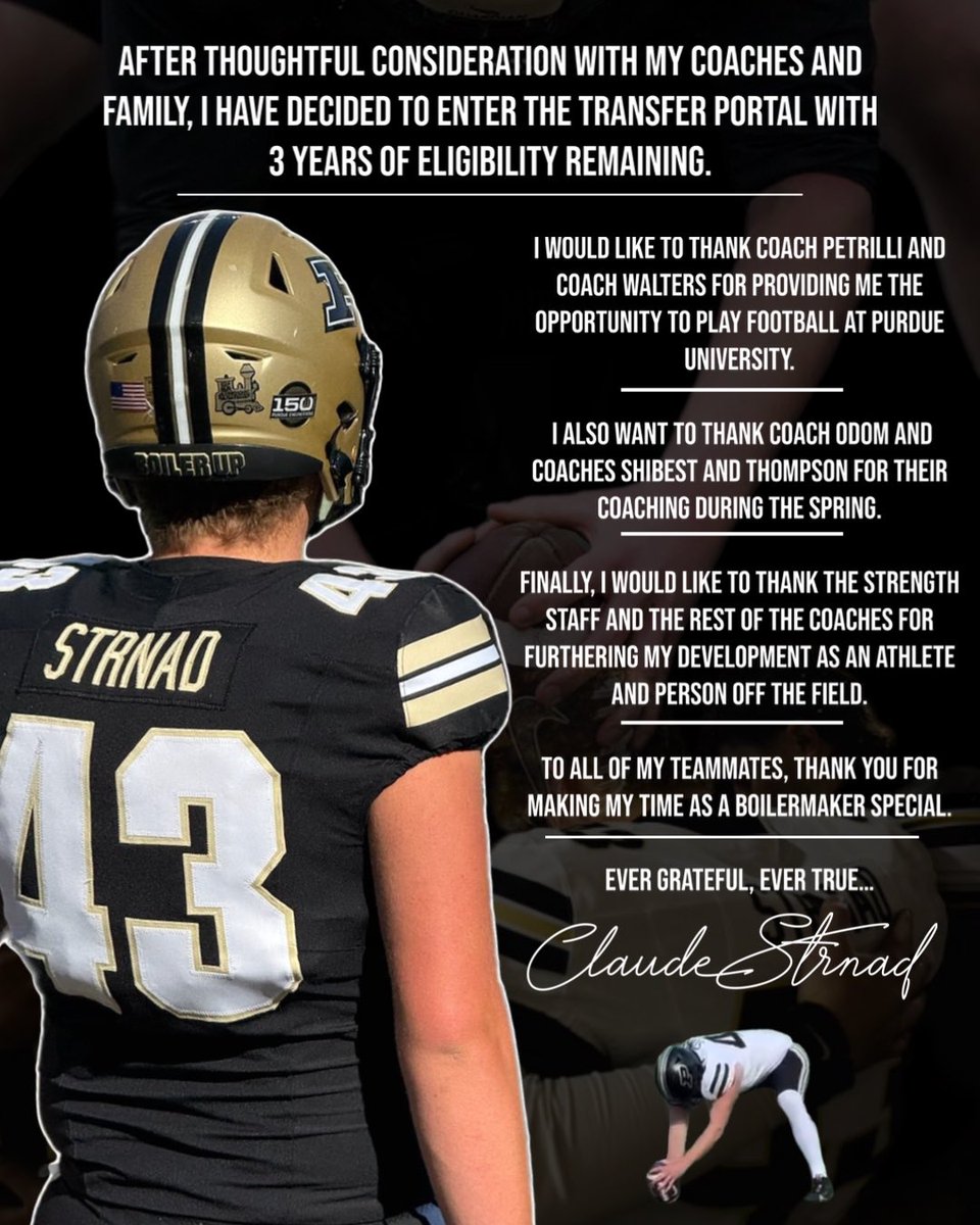 Claude Strnad Transfer LS (@claudestrnad) on Twitter photo After thoughtful consideration with my coaches and family, I have decided to enter the transfer portal with 3 years of eligibility remaining. My film is linked in my bio. <a href="/NolanOwenLS/">Nolan's Long Snapping</a> <a href="/TheChrisRubio/">Rubio Long Snapping®</a> <a href="/EnnsZoneKicking/">EnnsZone Kicking</a> After thoughtful consideration with my coaches and family, I have decided to enter the transfer portal with 3 years of eligibility remaining. My film is linked in my bio. <a href="/NolanOwenLS/">Nolan's Long Snapping</a> <a href="/TheChrisRubio/">Rubio Long Snapping®</a> <a href="/EnnsZoneKicking/">EnnsZone Kicking</a>