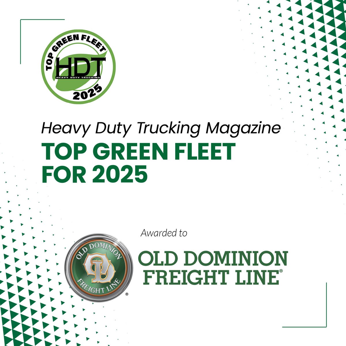 Heavy Duty Trucking Magazine recently recognized OD's commitment to sustainability. We're proud to be named a Top Green Fleet for 2025 for our work in areas such as fuel efficiency, alt fuel adoptions, and fleet efficiency. odfl.us/TopGreenFleet