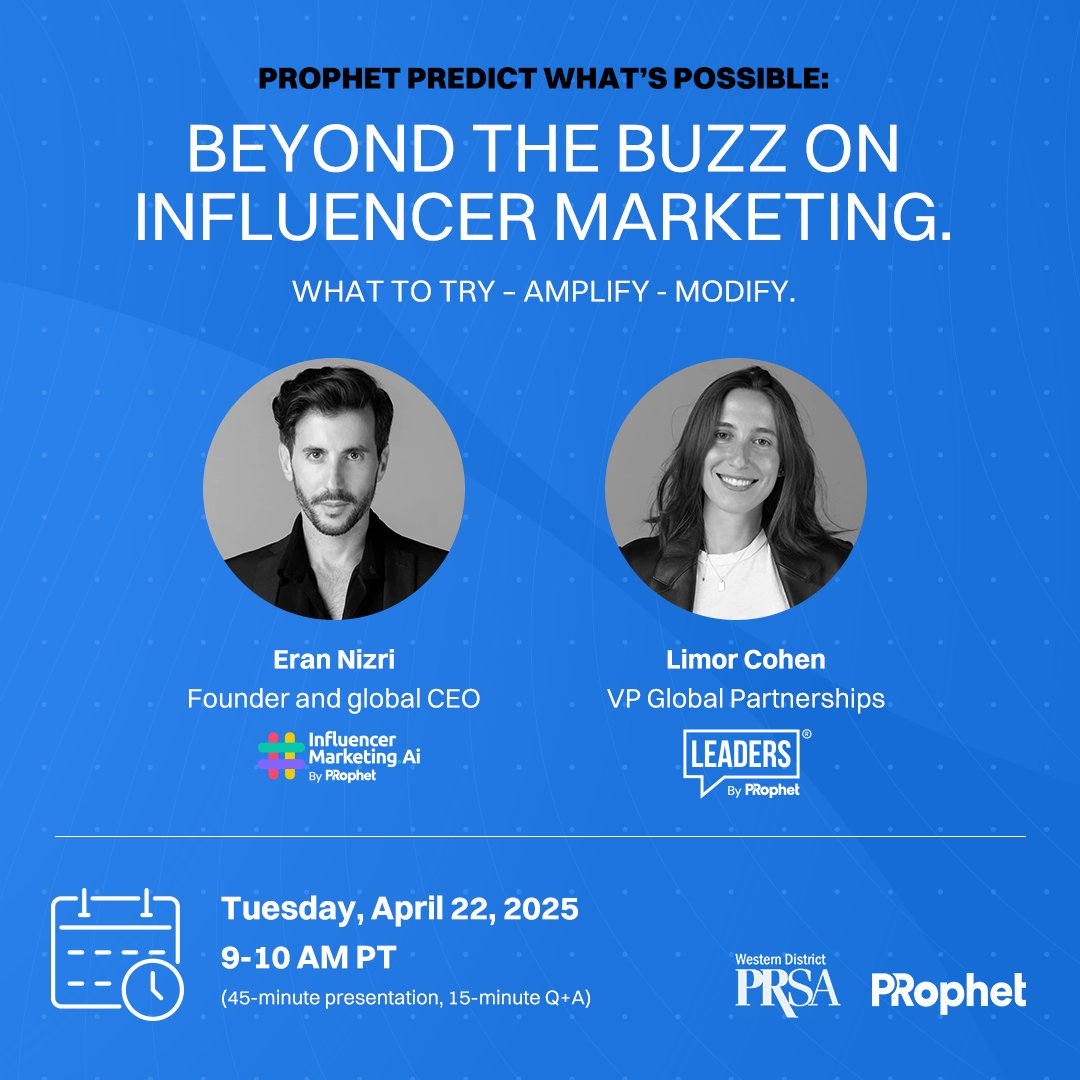 Join us for a cutting-edge conversation that goes beyond the buzz at the first free virtual webinar of the year hosted by <a href="/PRSAWestDist/">PRSAWesternDistrict</a> &amp; <a href="/prophet_pr/">PRophet</a>
PRophet Predicts What’s Possible: Beyond the Buzz on Influencer Marketing
Tuesday, April 22, 9am PT
RSVP linktr.ee/prsala