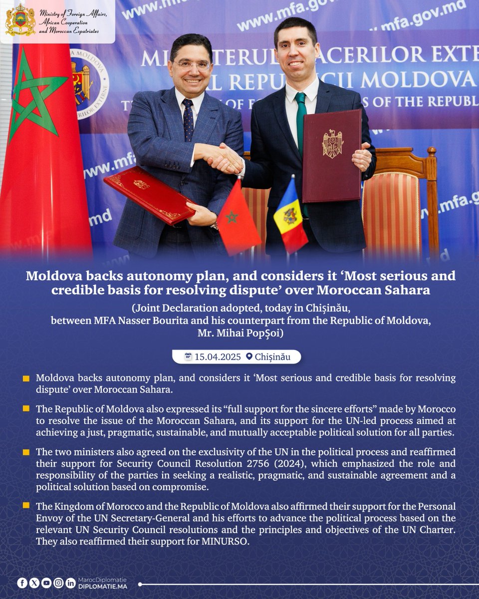 #Moroccan_Sahara: Moldova Backs Autonomy Plan, and considers it ‘Most serious and credible basis for resolving dispute’ over Moroccan Sahara