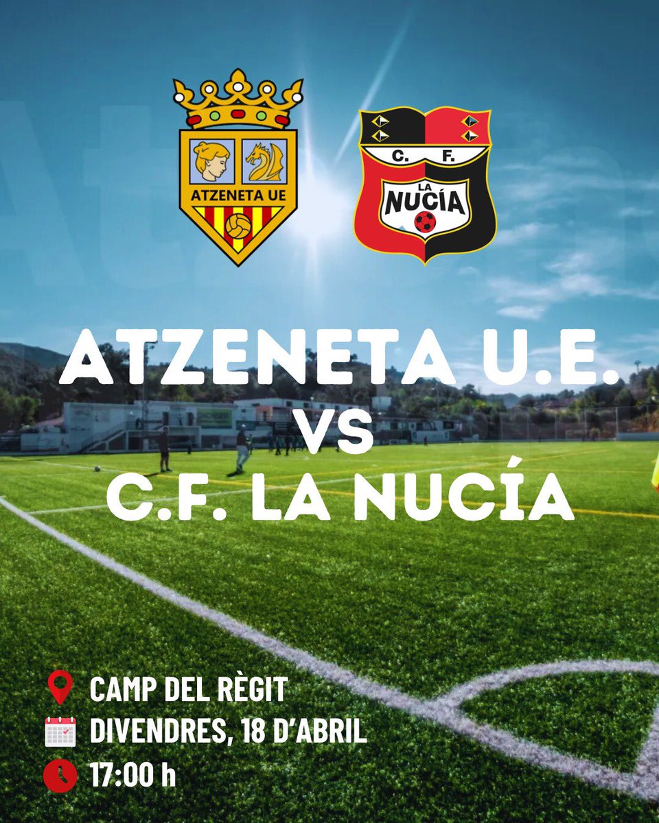 📢PRÒXIM PARTIT 

Aquest divendres rebem al Regit al lider del grup, al CF La Nucia ⚔️
Vos esperem a tots i totes per animar al nostre equip i fer força per poder aconseguir la victòria.

Amunt Atzeneta UE🧡💪🏽