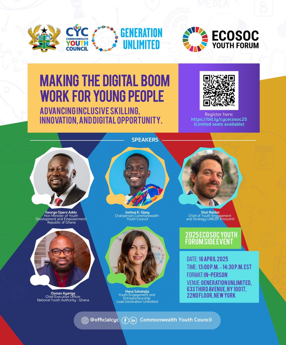 Join us on April 16, at 13:30 (EST), as we discuss Making the Digital Boom Work for Young People. 

This is an ECOSOC Youth Forum Side Event organised by the Government of Ghana, The Commonwealth Youth Council and UNICEF Generation Unlimited. 

#GetYouthInvolved
