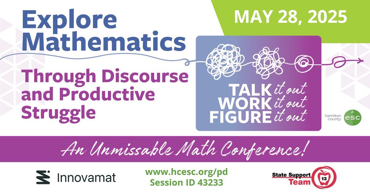 🚨Calling all math educators!
You won’t want to miss this! May 28th is the Explore Mathematics through Discourse and Productive Struggle Conference.
🎤Keynote speakers from leading experts in math education. 

➡️hcesc.org/pd SESSION ID: 43233