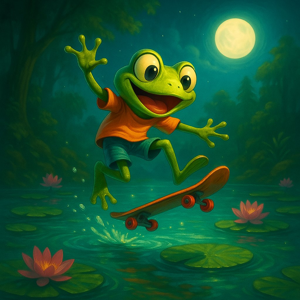 artivision2611's tweet photo. Welcome to Moonleap 🌕✨
A dreamy little world where robots skip over lotus leaves, frogs skateboard on moonlit ponds, and bunnies bounce like nobody’s watching.
#moonleap #artyvibe #aiart #whimsicalworlds #dreamyart #fantasyvibes #lotusmagic https://t.co/G9i5oFsu9D