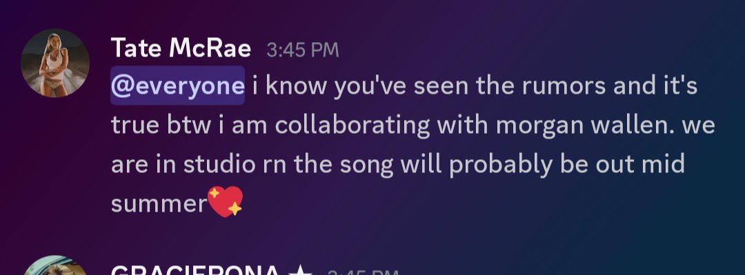 Popmvsics's tweet image. 🚨Tate Mcrae confirms in discord server she is collaborating with Neo Nazi and racist Morgan Wallen.