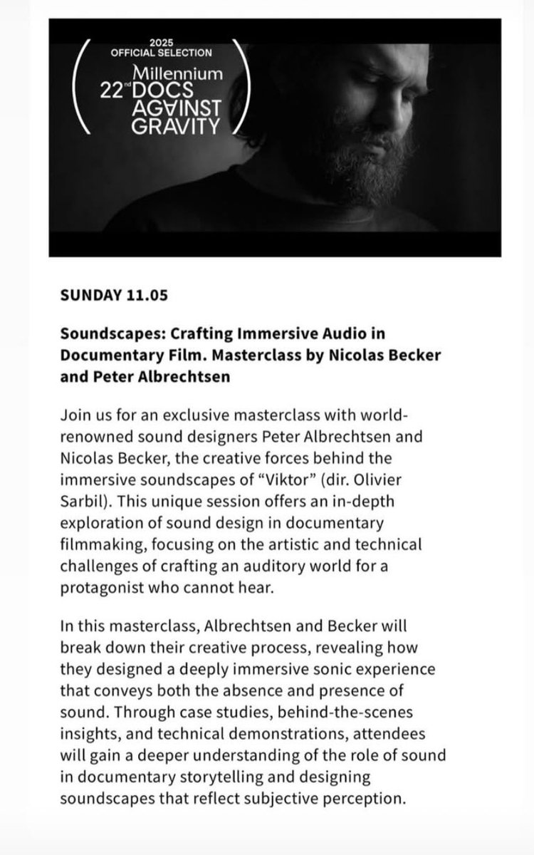 This is going to be fun! I’ve been invited to the wonderful Docs Against Gravity film festival in Poland next month to do a workshop with Nicolas Becker discussing our collaboration on the film Viktor by <a href="/oliviersarbil/">Olivier Sarbil</a>. Looking very much forward to this ❤️🎤🇩🇰🇫🇷🇵🇱 #sounddesign