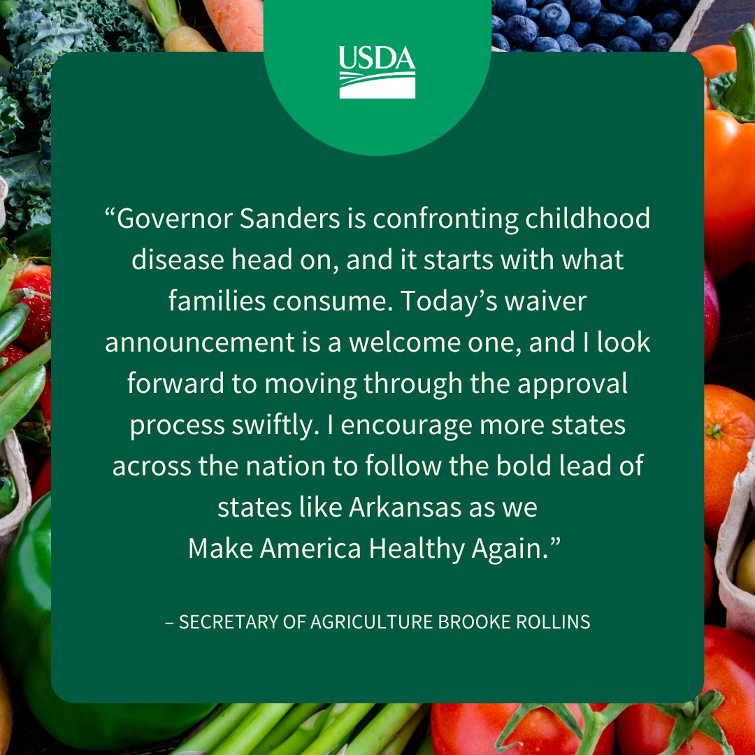 Dept. of Agriculture (@usda) on Twitter photo Arkansas is Making America Healthy Again!
Today Arkansas Governor <a href="/SarahHuckabee/">Sarah Huckabee Sanders</a> submitted a waiver to USDA to ban soda and candy from and include hot rotisserie chicken in her state's Supplemental Nutrition Assistance Program (SNAP). usda.gov/about-usda/new… Arkansas is Making America Healthy Again!
Today Arkansas Governor <a href="/SarahHuckabee/">Sarah Huckabee Sanders</a> submitted a waiver to USDA to ban soda and candy from and include hot rotisserie chicken in her state's Supplemental Nutrition Assistance Program (SNAP). usda.gov/about-usda/new…