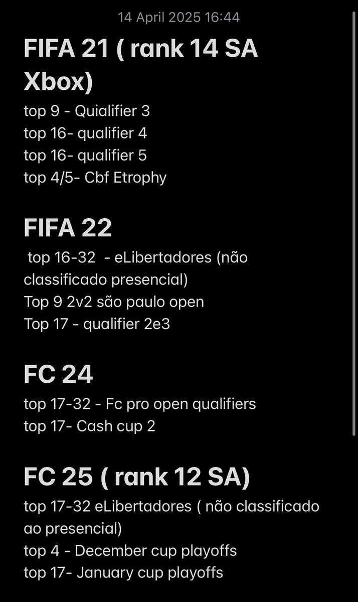 🚨 FREE AGENT 🚨

Resumo dos meus resultados nos anos passados, vale ressaltar que todos foram com 0 reais em investimentos (Fifa points).

🚨Top 4 no December Cup Playofffs desse FC 25

Sigo free agent em busca de equipe, interessados entrar em contato por DM.