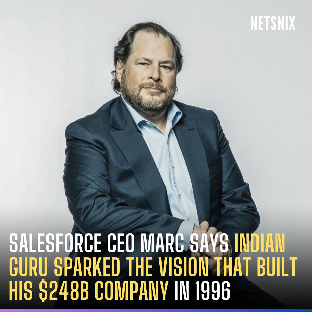 NetSnix's tweet image. Salesforce CEO Marc Benioff says the roots of his $248B tech giant trace back to Kerala, India, in 1996. 

On a visit to meet his guru, Mata Amritanandamayi, she told him: "In your quest to change the world, don't forget to do something for somebody else." 

#Salesforce #NetSnix