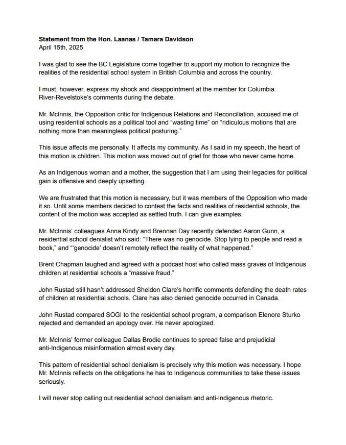 My statement regarding MLA McInnis' insulting comments yesterday.