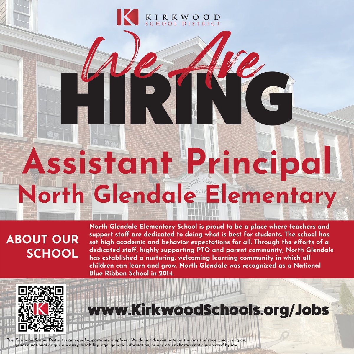 The Kirkwood School District is hiring, please visit kirkwoodschools.org/jobs to learn more!