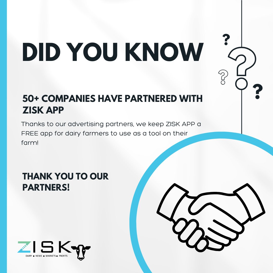 Powered by Partnerships! 💪 Thanks to 50+ incredible companies, the Zisk App remains FREE for dairy farmers! 🥛💙 We appreciate our partners for making this possible!