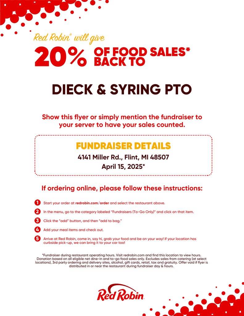 SyringDragons's tweet photo. Don't want to make dinner tonight? Come join us at Red Robin! Mention the Dieck &amp; Syring PTO fundraiser and we will receive 20% of the sale! You can dine in or take out! https://t.co/6BWYXldzGR