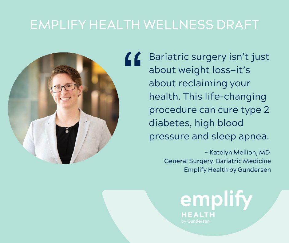 Our next Wellness Draft pick is in! ✨🏈 

Dr. Katelyn Mellion's health pick of the day is bariatric surgery—a first-round win for your health! Tackling type 2 diabetes, high blood pressure and more, find out more here ⬇️

ow.ly/RMY950VxrWh
#EmplifyHealth #StayingHealthy