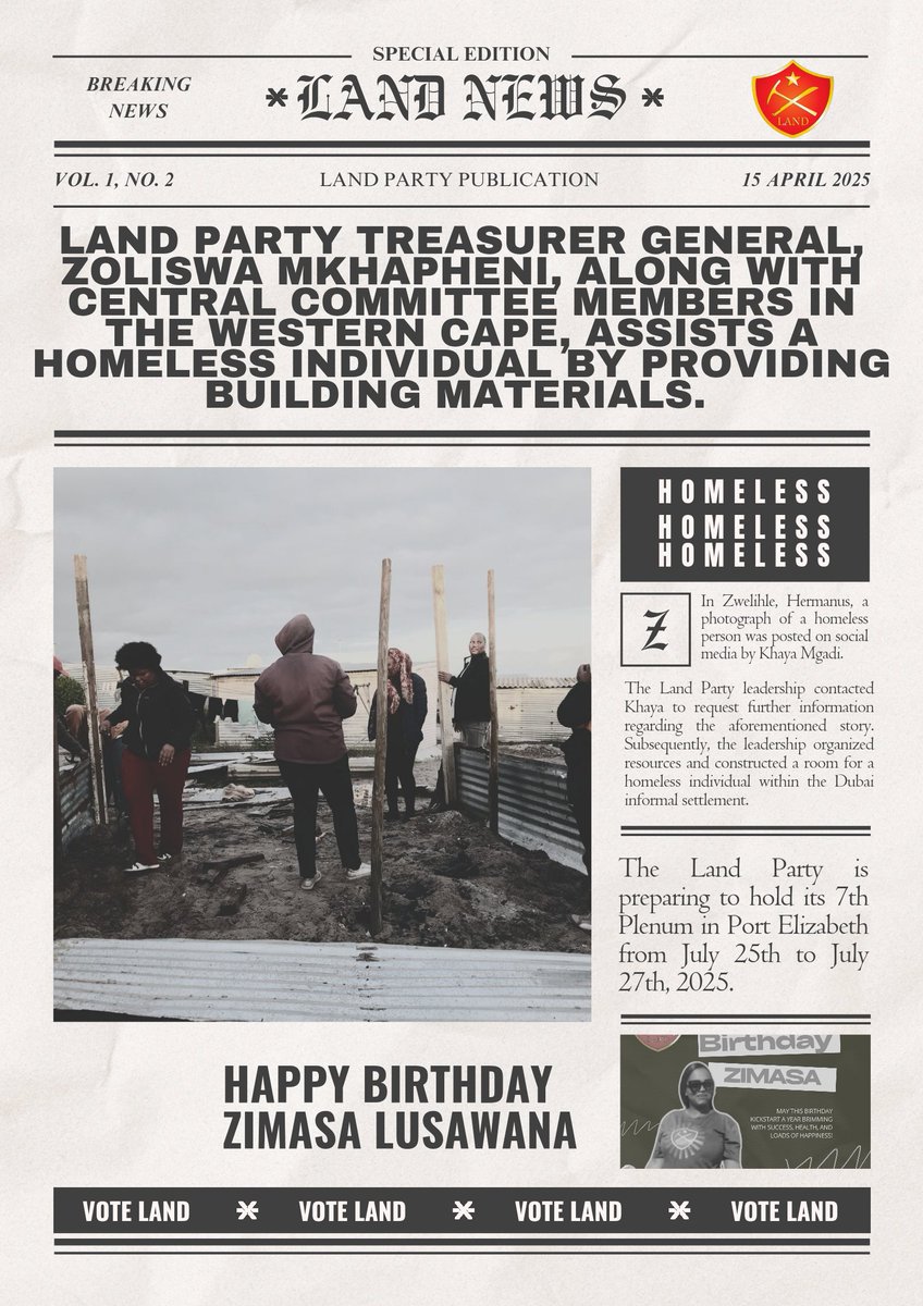 LAND PARTY Treasurer General, Zoliswa Mkhapheni, along with Central Committee members in the Western Cape, assists a homeless individual by providing building materials. #JoinLANDTeam