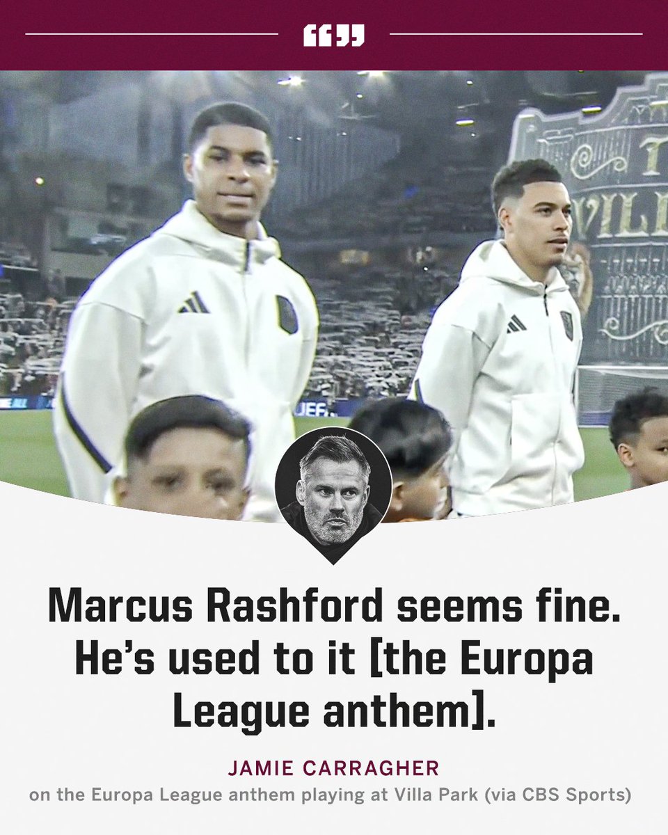ESPNFC's tweet image. Jamie Carragher had jokes for Marcus Rashford while players from PSG and Aston Villa reacted to the Europa League anthem being played at Villa Park instead of the Champions League anthem 😅