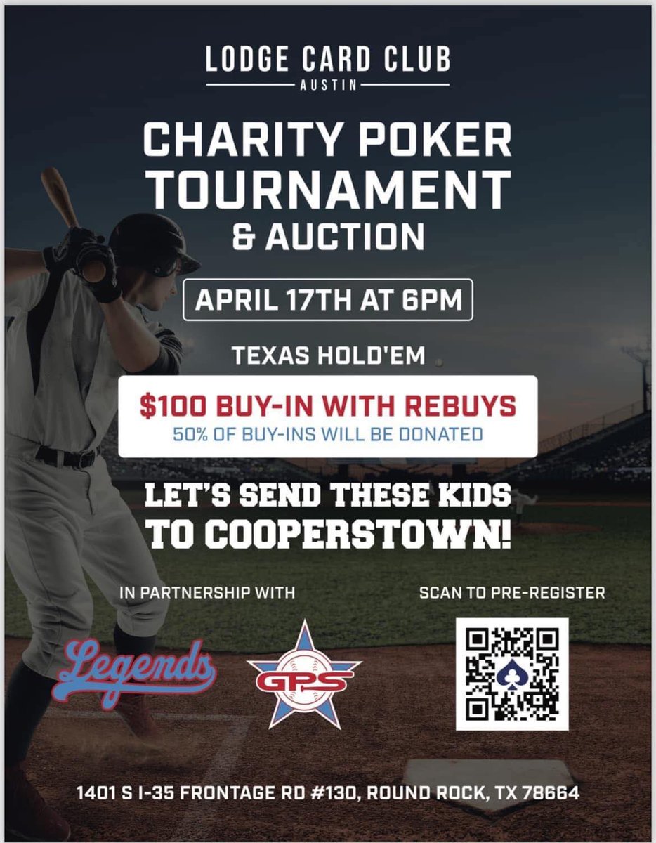 Come out and support young men headed to a dream tournament in Cooperstown! Poker, cash prizes &amp; fun for a good cause. Register below 👇🏼 
♦️♠️♥️♣️💰