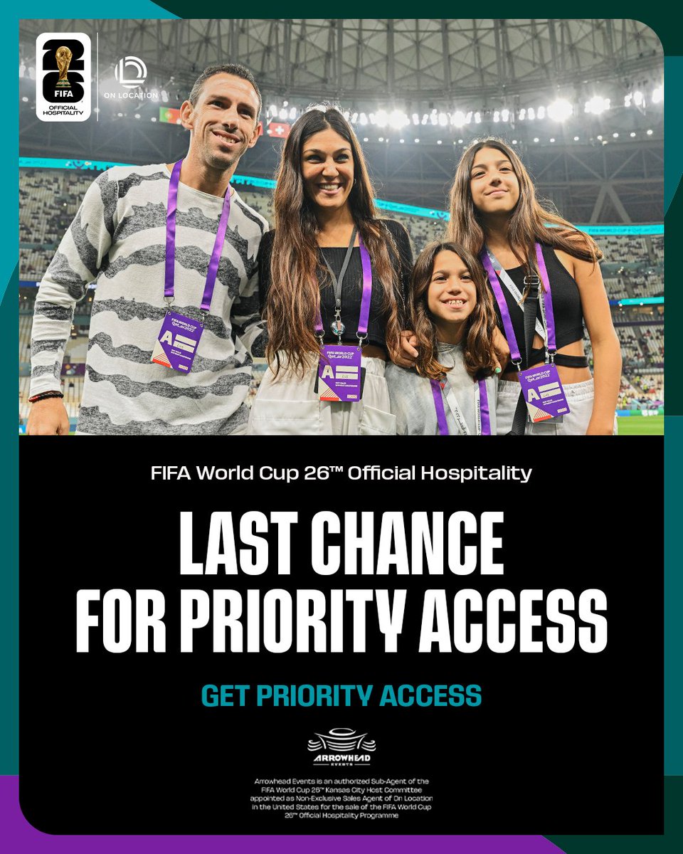 GEHA Field at Arrowhead Stadium (@gehafield) on Twitter photo Don't miss out on Priority Access to elite seats, meet-and-greets, and more. Spots are almost sold out! Place a refundable deposit today to secure your spot to buy hospitality packages ahead of the general public!
Get Priority Access π chfs.me/43lUgI9
#FIFAWorldCup Don't miss out on Priority Access to elite seats, meet-and-greets, and more. Spots are almost sold out! Place a refundable deposit today to secure your spot to buy hospitality packages ahead of the general public!
Get Priority Access π chfs.me/43lUgI9
#FIFAWorldCup