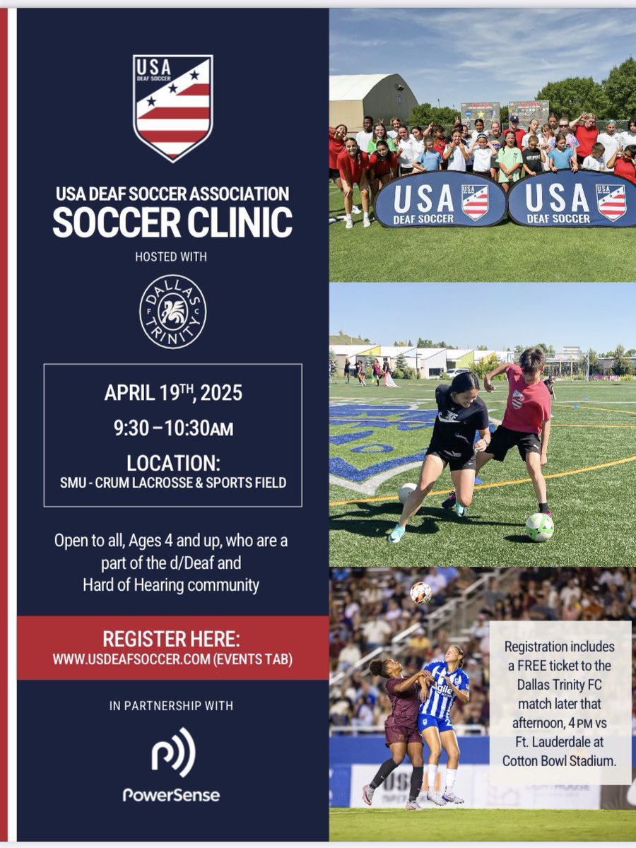 USA Deaf Soccer (@usadeafsoccer) on Twitter photo REMINDER: Our upcoming Dallas clinic on April 19th still has spots available! Make sure to register now at the link in our bio.
Special thanks to <a href="/dallastrinityfc/">Dallas Trinity FC</a> for hosting this clinic, and also giving away free tickets to their game that evening for registering! REMINDER: Our upcoming Dallas clinic on April 19th still has spots available! Make sure to register now at the link in our bio.
Special thanks to <a href="/dallastrinityfc/">Dallas Trinity FC</a> for hosting this clinic, and also giving away free tickets to their game that evening for registering!