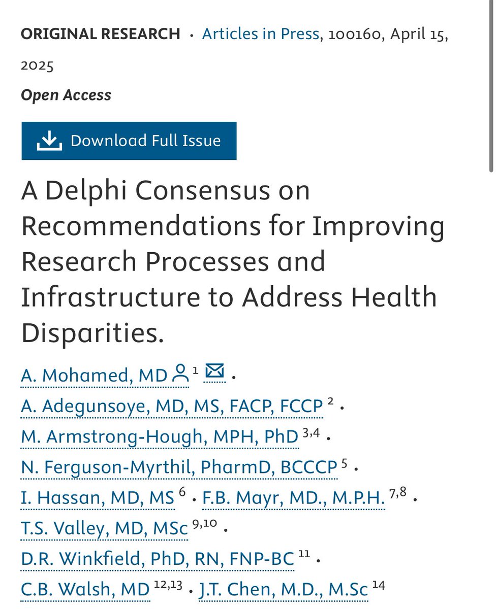 Hayley Gershengorn (@hbgmd) on Twitter photo 🤨 Wonder what ICU & disparities experts consider imperative to improve research & address health disparities?
✅ out <a href="/AmiraMohamedMD/">Amira Mohamed</a> et al’s work, just out in #journal_CHESTCritCare to find out:
chestcc.org/article/S2949-…
#OpenAccess 🤨 Wonder what ICU & disparities experts consider imperative to improve research & address health disparities?
✅ out <a href="/AmiraMohamedMD/">Amira Mohamed</a> et al’s work, just out in #journal_CHESTCritCare to find out:
chestcc.org/article/S2949-…
#OpenAccess