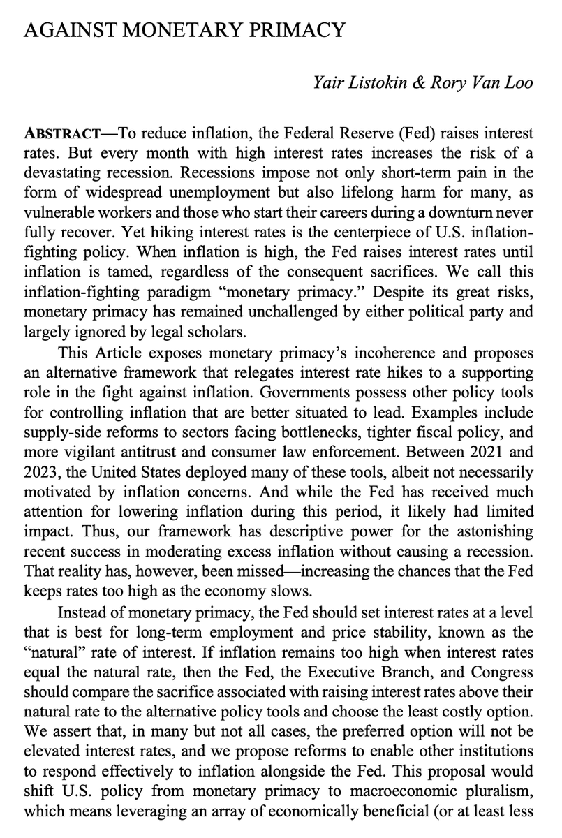 In "Against Monetary Primacy," Profs. Yair Listokin of <a href="/YaleLawSch/">Yale Law School</a> &amp; @Roryvanloo of <a href="/BU_Law/">Boston University School of Law</a> expose the flaws of “monetary primacy,” the current U.S. inflation paradigm where the Fed raises interest rates to reduce inflation. They push for a new approach. (1/2)