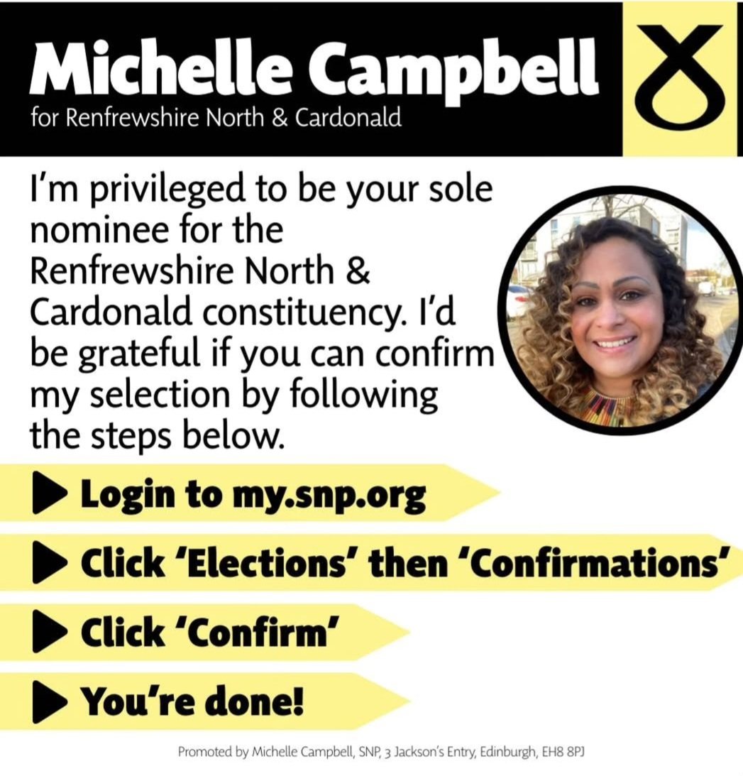 If you are a member and live in the new Renfrewshire North &amp; Cardonald constituency please confirm Michelle's  selection. She will make an excellent MSP and is  is a fabualous candidate for our area.