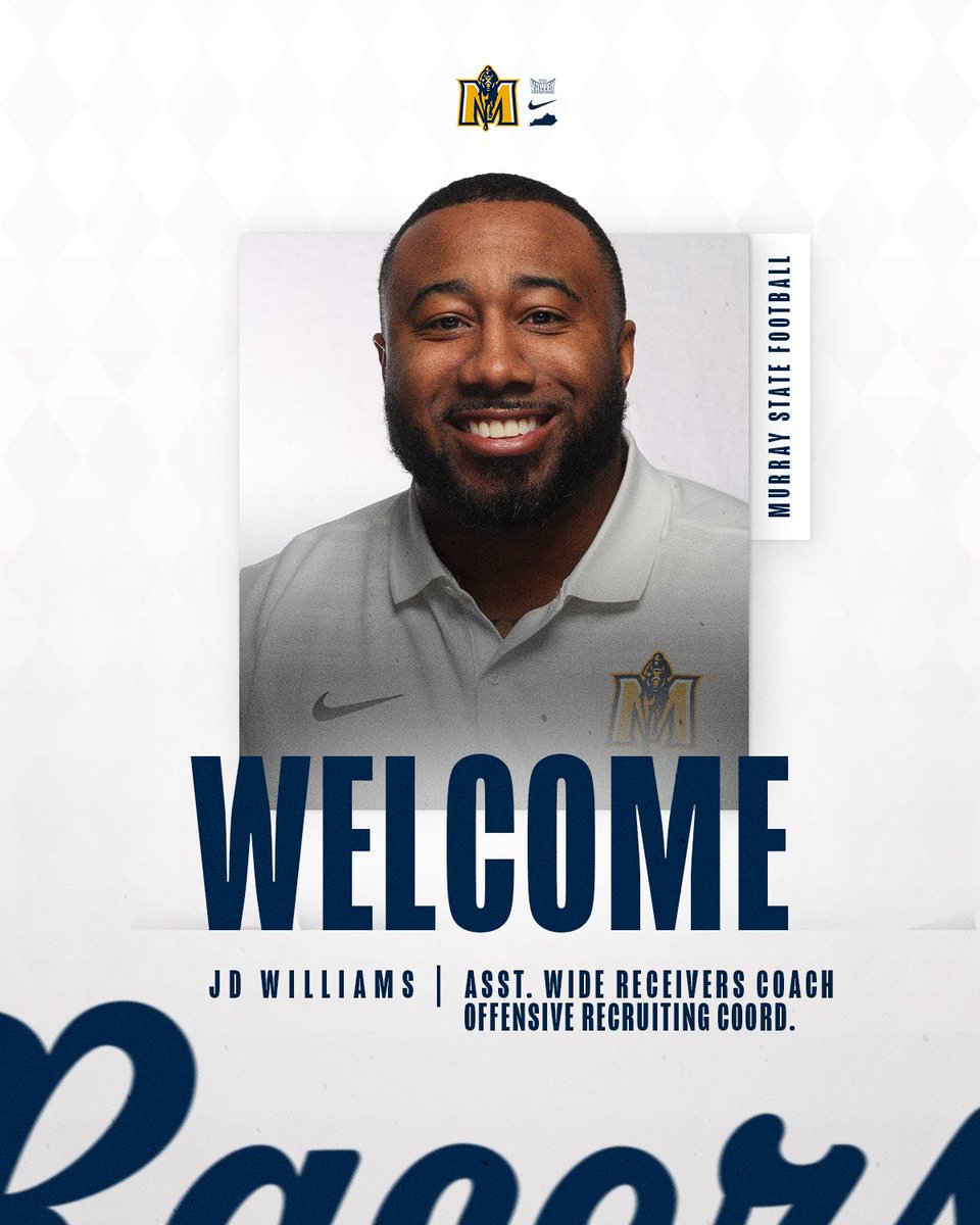 Murray State Football (@racersfootball) on Twitter photo Welcome to the Racer Family❗️
➡️ <a href="/coachJWilliams6/">JD Williams</a> // Asst. WR Coach & Offensive Recruiting Coordinator
#GoRacers🏇 Welcome to the Racer Family❗️
➡️ <a href="/coachJWilliams6/">JD Williams</a> // Asst. WR Coach & Offensive Recruiting Coordinator
#GoRacers🏇