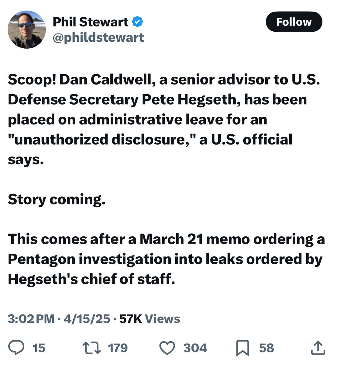 AGHamilton29's tweet image. Story in 3 parts.
Part 1: Concerns raised about Dan Caldwell pushing isolationist appointments at the Pentagon.
Part 2: Tucker claims it’s a smear campaign and Caldwell is a “man of genuine integrity.
Part 3: Caldwell put on leave after investigation into recent leaks.
