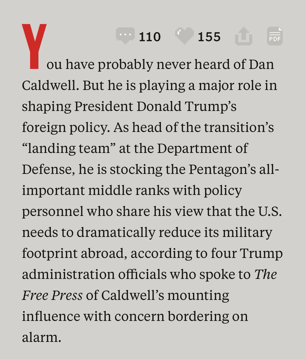 AGHamilton29's tweet image. Story in 3 parts.
Part 1: Concerns raised about Dan Caldwell pushing isolationist appointments at the Pentagon.
Part 2: Tucker claims it’s a smear campaign and Caldwell is a “man of genuine integrity.
Part 3: Caldwell put on leave after investigation into recent leaks.