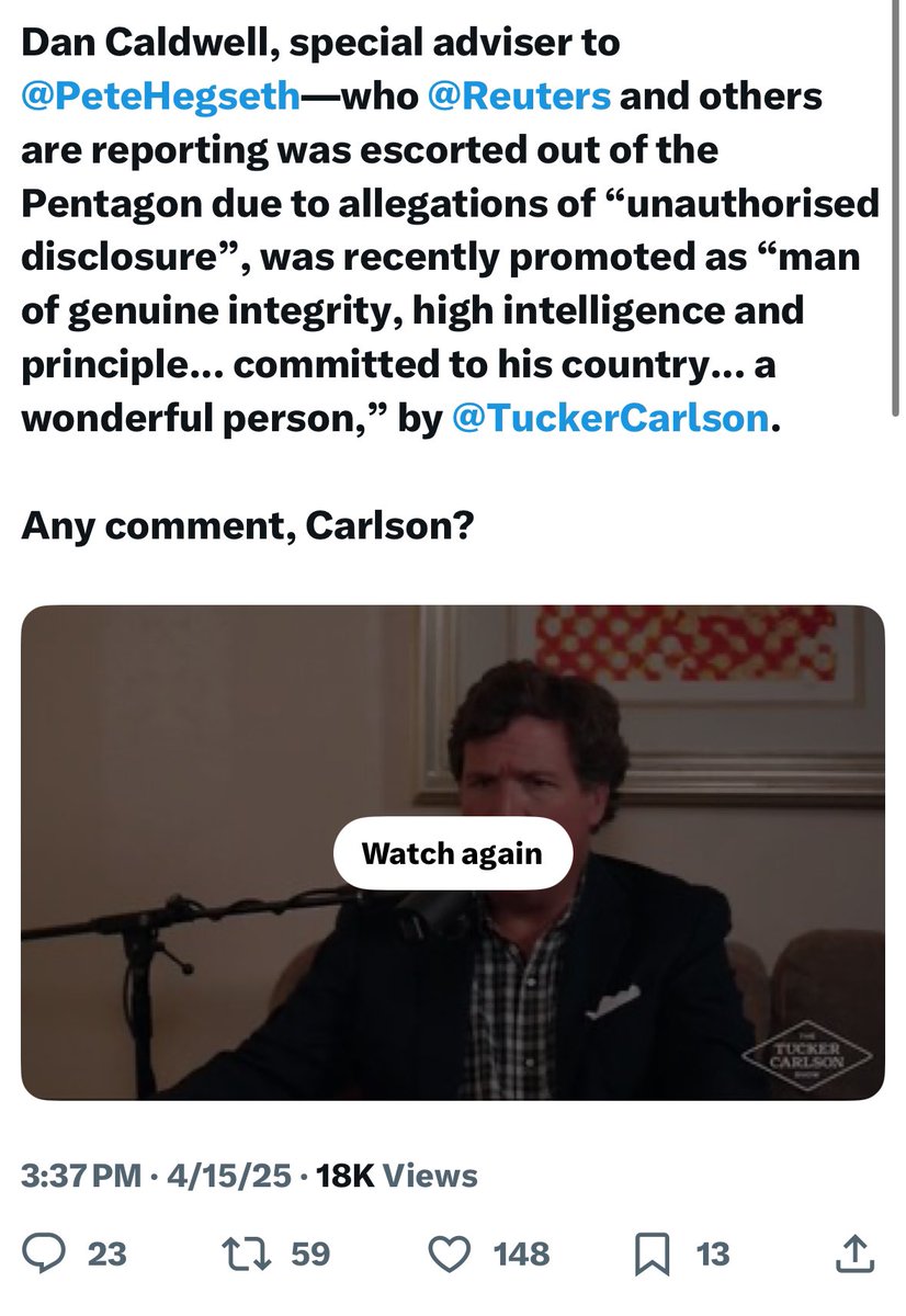 AGHamilton29's tweet image. Story in 3 parts.
Part 1: Concerns raised about Dan Caldwell pushing isolationist appointments at the Pentagon.
Part 2: Tucker claims it’s a smear campaign and Caldwell is a “man of genuine integrity.
Part 3: Caldwell put on leave after investigation into recent leaks.