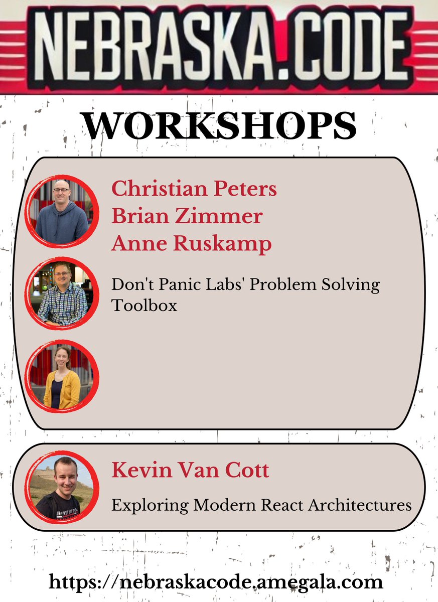 ConferenceNE's tweet image. Christian Peters, Brian Zimmer, Anne Ruskamp, and
@KevinVanCott have Full-Day Workshops in July at Nebraska.Code().
nebraskacode.amegala.com
#TechConf #ReactArchitecture #TechWorkshop #TechnologyToolbox @DontPanicLabs @unocist #Tech @aksarbenomaha @GirlsIncOmaha #CorrectedTitle