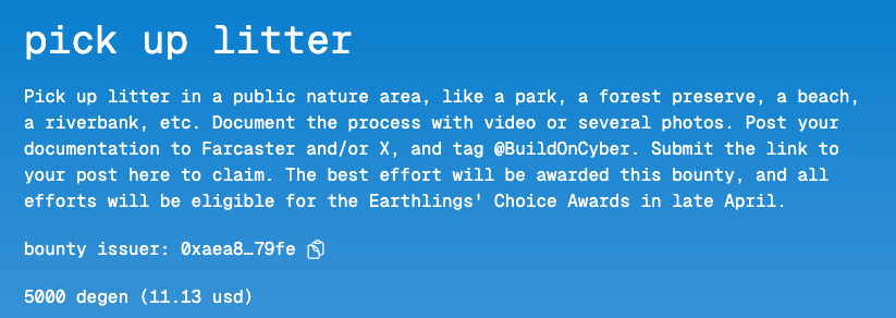 just had a fantastic space with <a href="/buildoncyber/">Cyber</a> talking regenerative bounties, <a href="/poidhxyz/">pics or it didn't happen</a>, and more! 

they also announced 3️⃣ bounties for their Earth Day initiative 

these bounties qualify you for DEGEN on Degen Chain as well as CYBER prizes through the Earthlings' Choice Awards