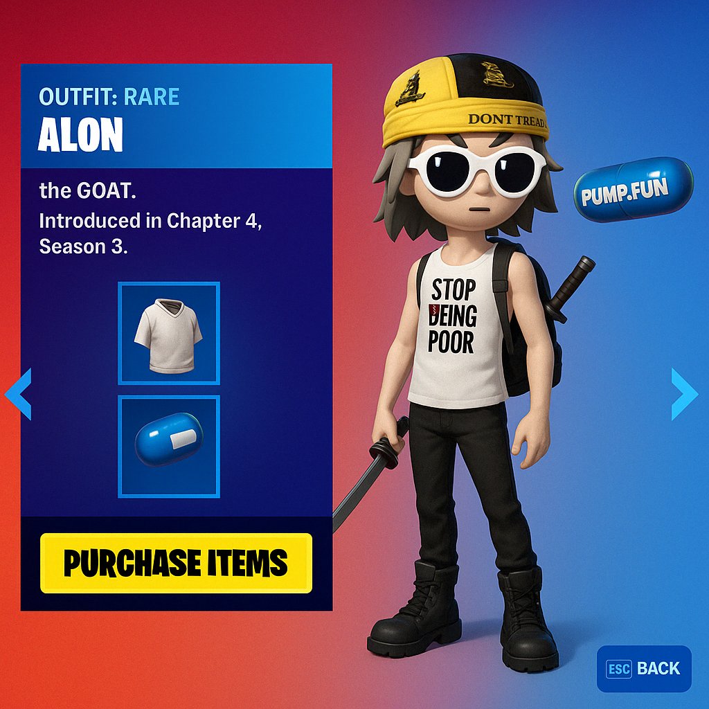 hammerfied's tweet image. $SKINS
4BG9NTGjgBKrZ1CM5xXmHXui1wYuVYQNHt1eKLNVpump
Create a Fortnite-style character skin selection screen. The layout should match the in-game item shop style, with a bold red-to-blue gradient background. On the left side, include a large character card with the following…
