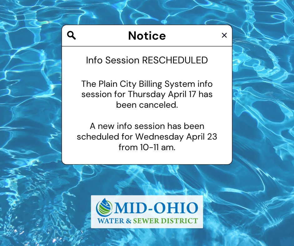 MidOhioWSD's tweet photo. We've rescheduled our final info session for the new Plain City billing system! If you have any questions about Muni-Link or InvoiceCloud, we'll be at the Plain City Municipal Building (800 Village Blvd.) from 10-11 am on Wednesday April 23.

#plaincityohio #MidOhio #columbus https://t.co/thTHRwwMGe