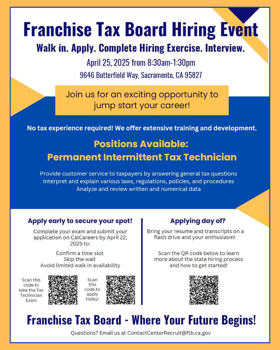 We’re Hiring! 🚨

Join us tomorrow for our One-Day Hiring Event with the California Franchise Tax Board!
📅 Date: Friday, April 25
⏰ Time: 8:30 AM – 1:30 PM
📍 Location: 9646 Butterfield Way, Sac, CA 95827
We’re filling multiple positions for Permanent Intermittent Tax Techs