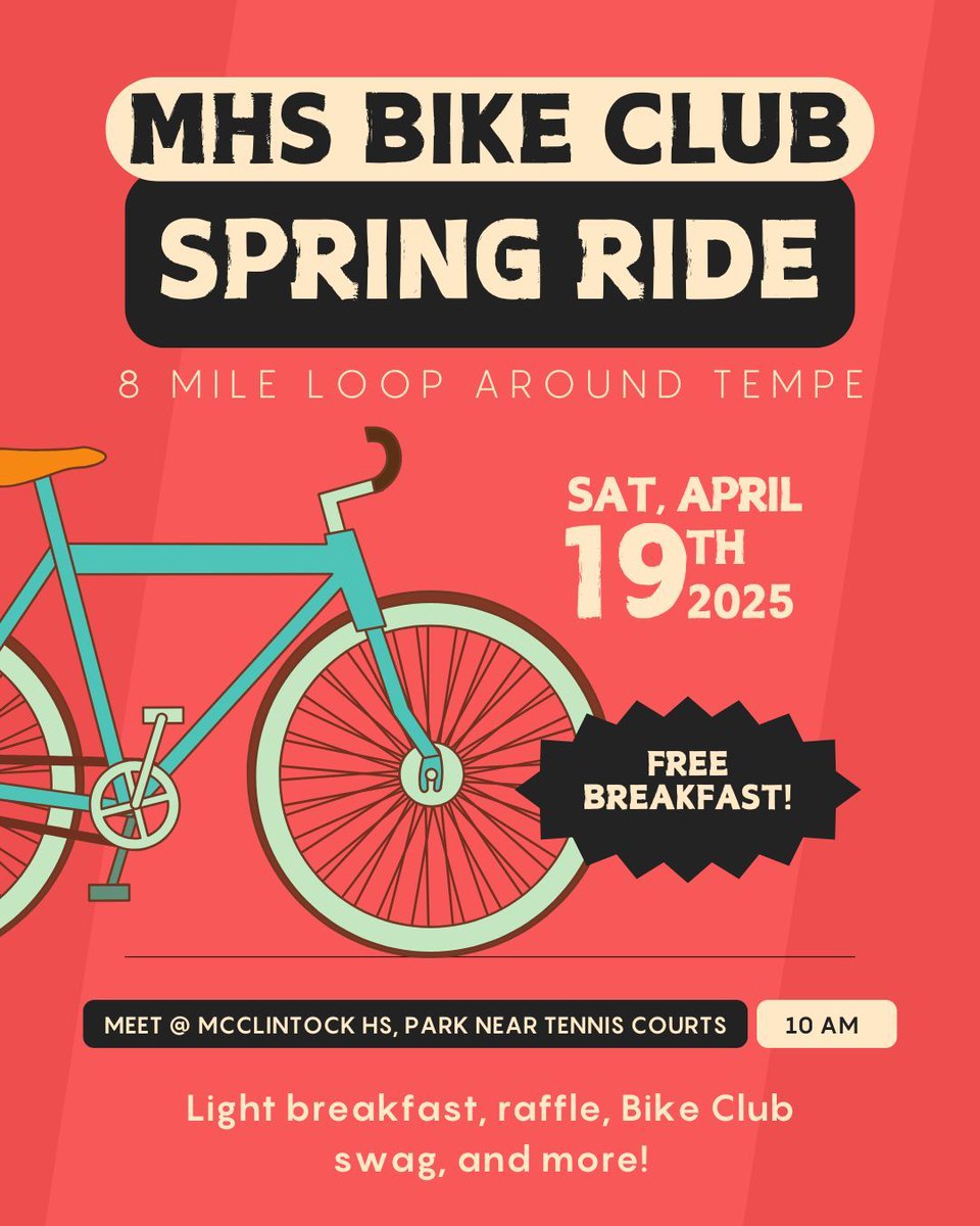 Skip the gas, grab the carbs. 🚴‍♂️🔥
MHS Spring Ride rolls out April 19th — 8 miles of pure pedal-powered glory around Tempe.
Free breakfast, sick swag, and a raffle that’s almost as hot as your quads will be.
Meet @ McClintock HS, 10AM sharp.