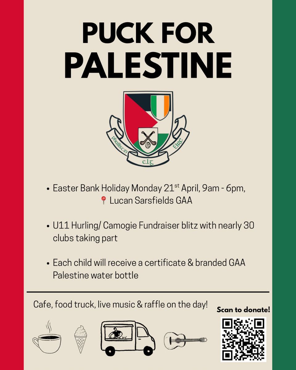 Really important initiative this Bank Holiday Easter Monday organised by Lucan Sarsfields GAA in solidarity with Palestine...send them a donation...support the struggle. Well done to all..Long Live Palestine,! Long live Gaza! Long Live Yemen!