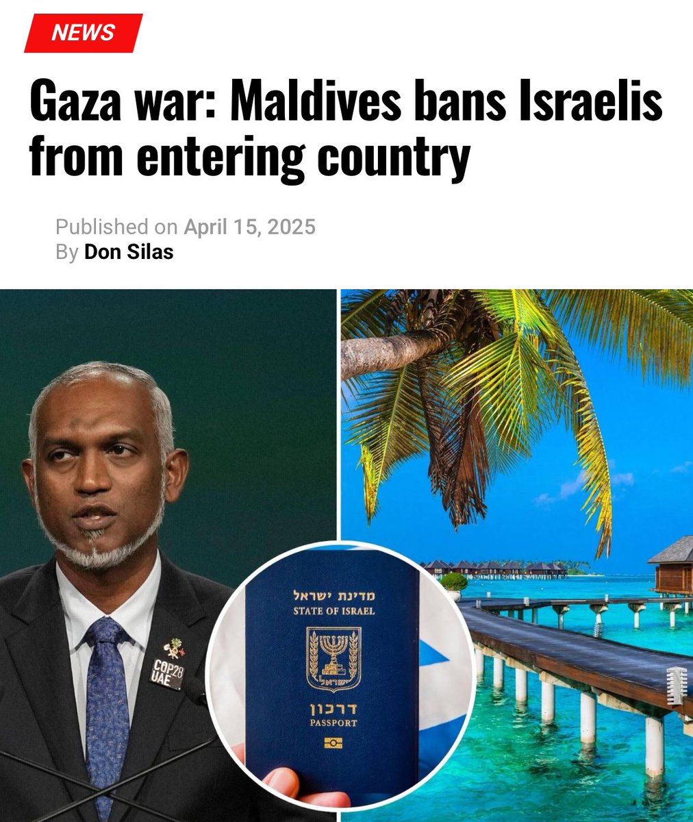 JUST IN:
Maldives President officially signs
the law banning Israelis from entering the country. #muftiyaks #freepalestine